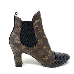 Louis Vuitton Monogram Revival Heel Ankle Boots Canvas Leather Brown Black EU 37